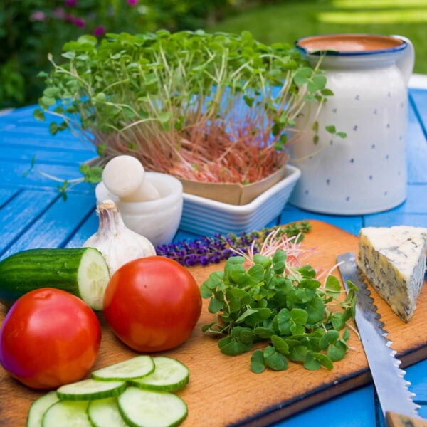 Ucięte mikroliście gryki na desce z warzywami i serem